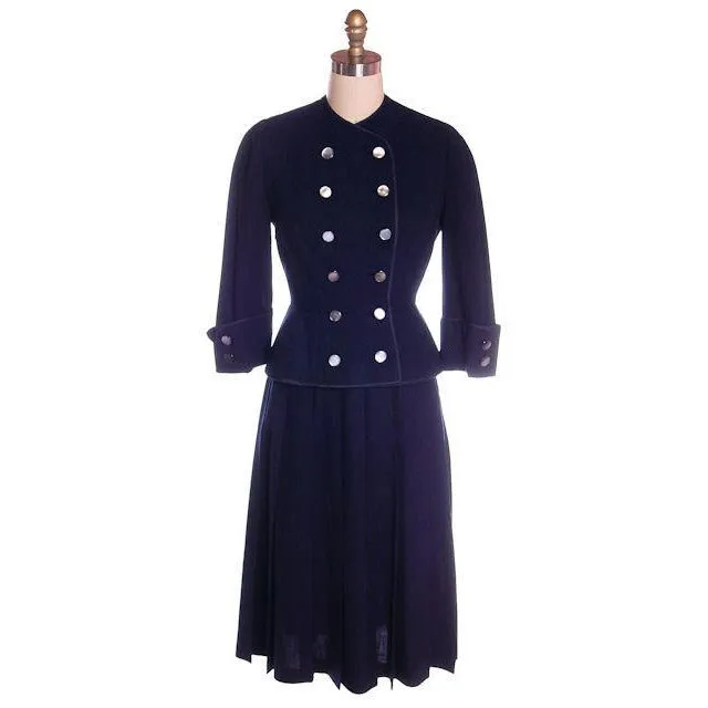 Vintage Navy Gab Suit Double Breasted Blums 1940s Sz 4 36-25-Free