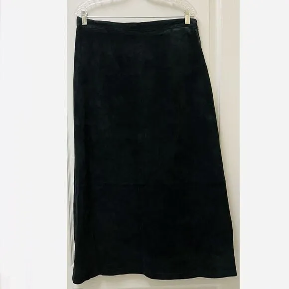 Vintage Y2K Stan Herman Leather Maxi Skirt Size 16 Black A-Line Lined Suede