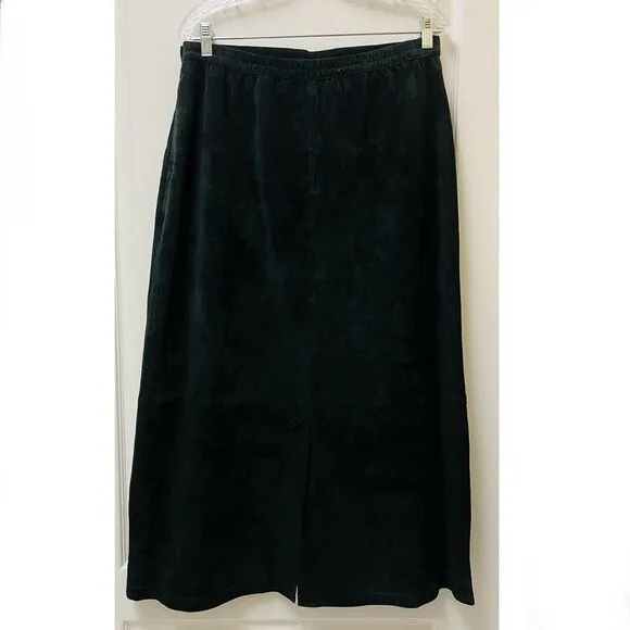 Vintage Y2K Stan Herman Leather Maxi Skirt Size 16 Black A-Line Lined Suede