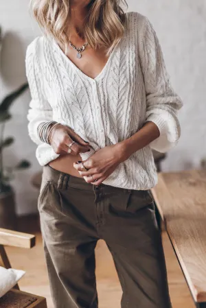 White Solid Cable Knit V-Neck Puff Sleeve Cardigan