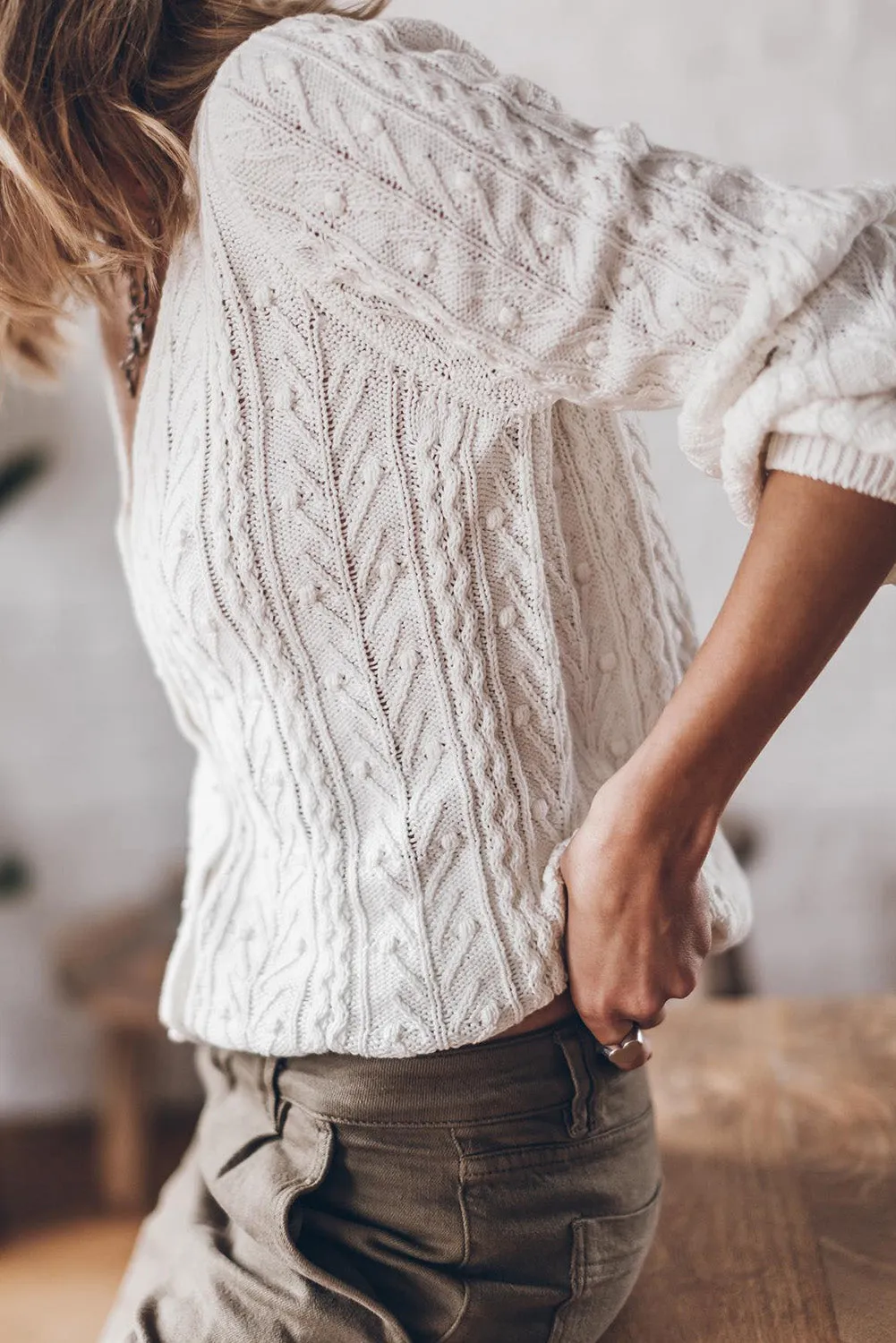 White Solid Cable Knit V-Neck Puff Sleeve Cardigan