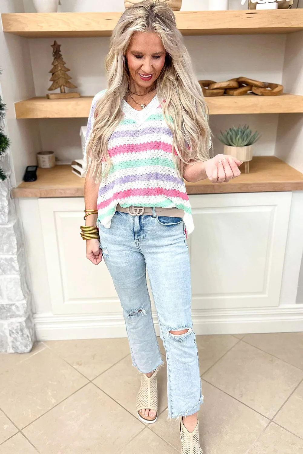 White Stripe V Neck Short Sleeve Sweater