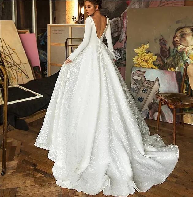 White Tulle A Line Wedding Dress Sexy Deep V Neck Long Sleeves Stunning Back