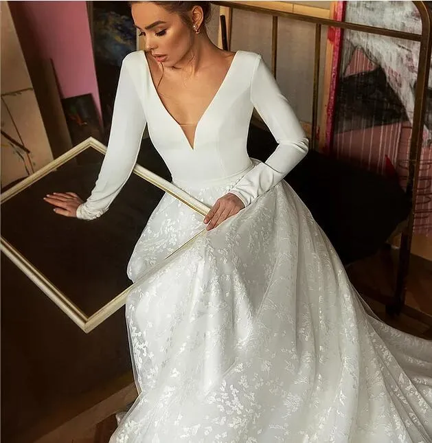 White Tulle A Line Wedding Dress Sexy Deep V Neck Long Sleeves Stunning Back