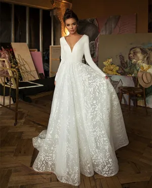 White Tulle A Line Wedding Dress Sexy Deep V Neck Long Sleeves Stunning Back