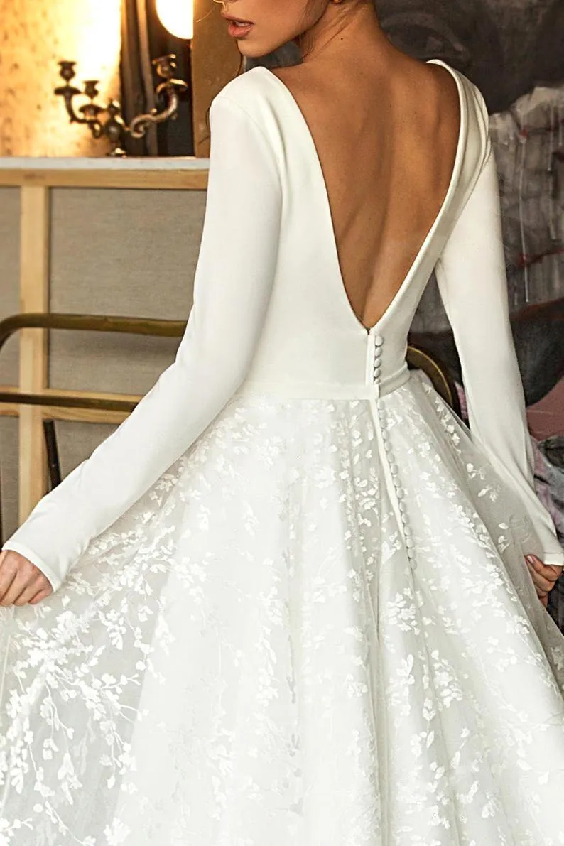 White Tulle A Line Wedding Dress Sexy Deep V Neck Long Sleeves Stunning Back
