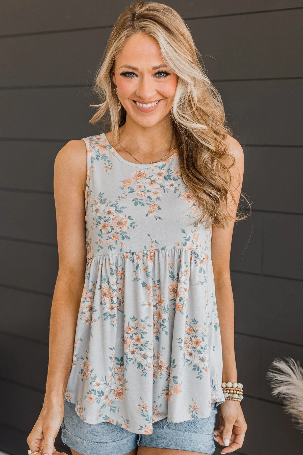 Wish Me Luck Floral Tank Top- Grey