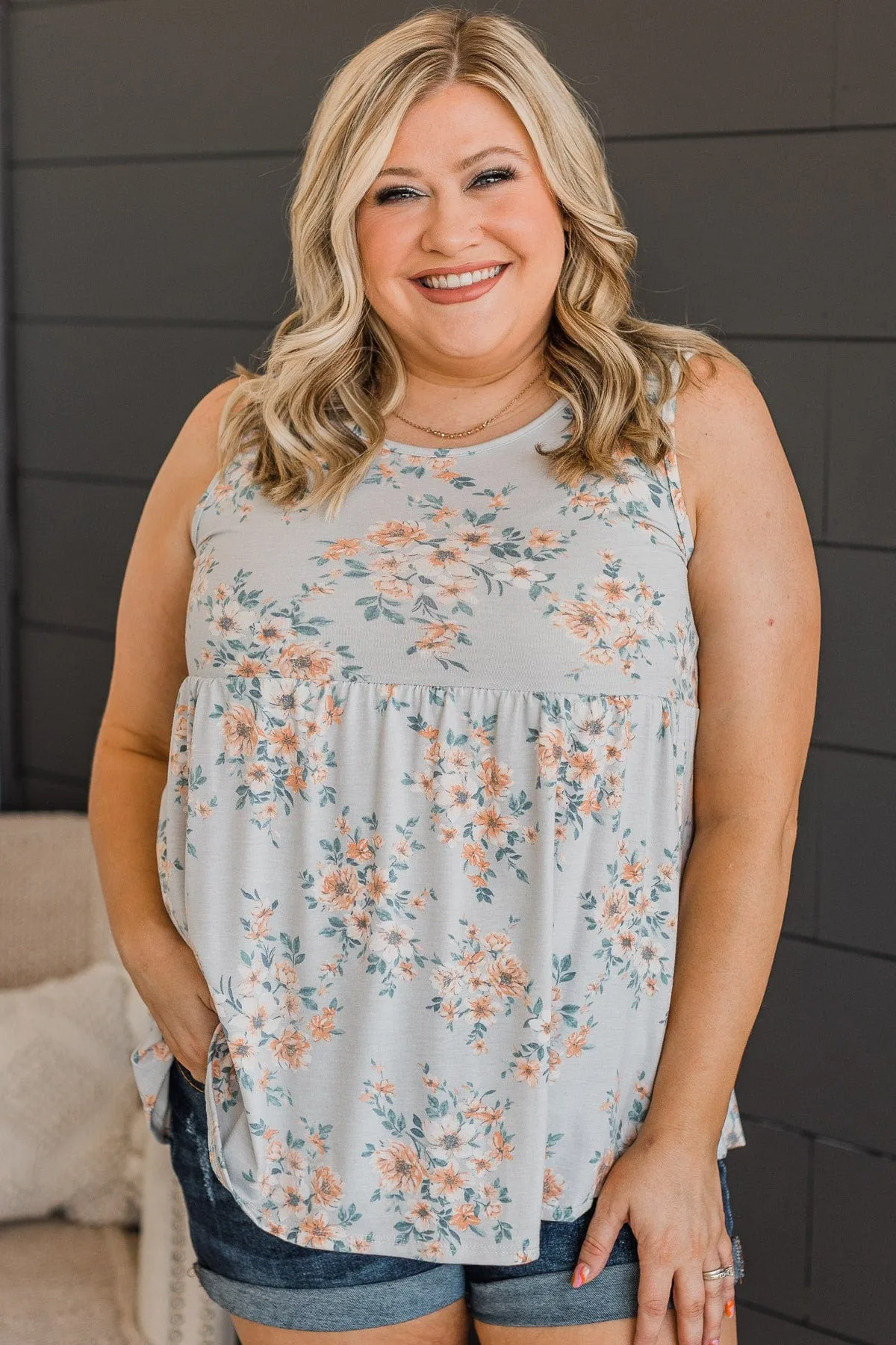 Wish Me Luck Floral Tank Top- Grey