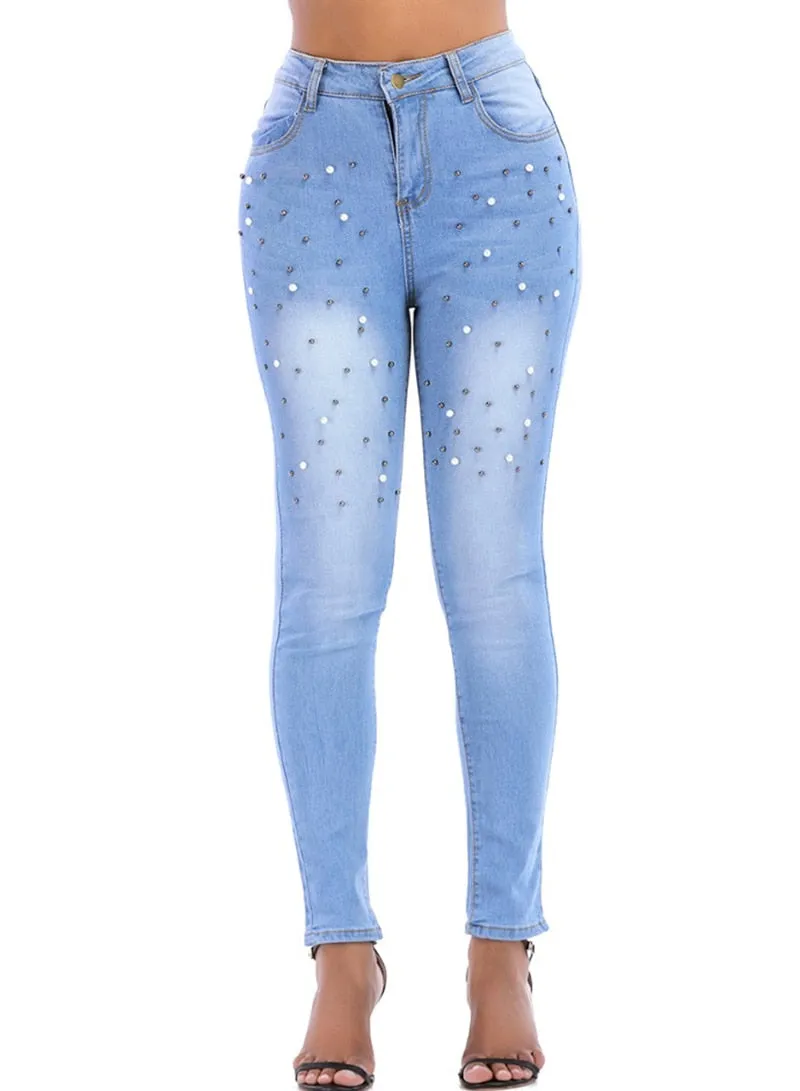 Women Jeans Pants Skinny Pearl Beaded Front Jeans