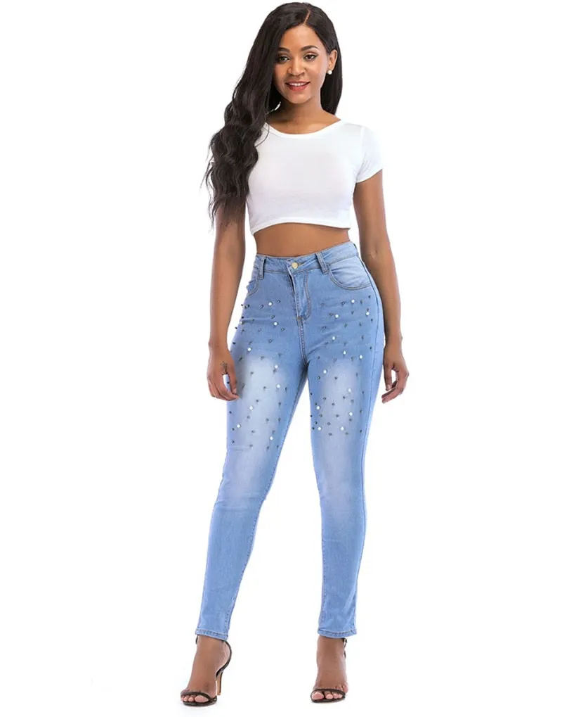 Women Jeans Pants Skinny Pearl Beaded Front Jeans