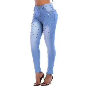 Women Jeans Pants Skinny Pearl Beaded Front Jeans