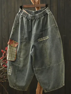 Women Vinage Denim Patch Spliced Harem Pants