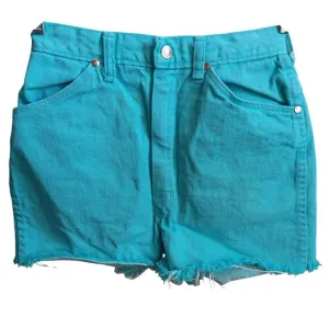 Women's 25W Denim Cutoff Shorts Vintage 70s Turquoise High-Waisted Farm Frayed