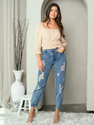 WOMEN'S BUTTON CLOSURE DENIM DISTRESS SMOCK ANKLE JEANS
