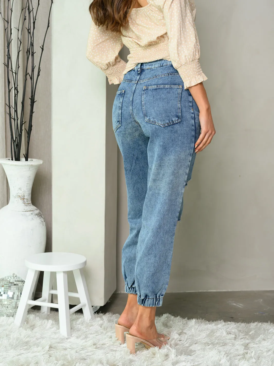WOMEN'S BUTTON CLOSURE DENIM DISTRESS SMOCK ANKLE JEANS
