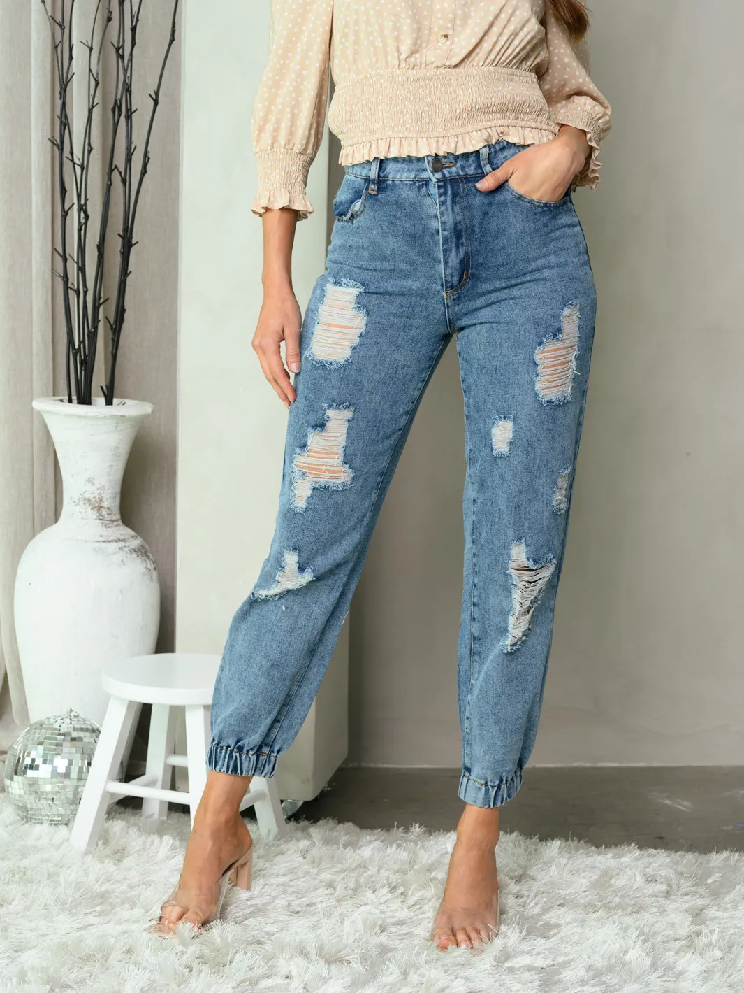 WOMEN'S BUTTON CLOSURE DENIM DISTRESS SMOCK ANKLE JEANS