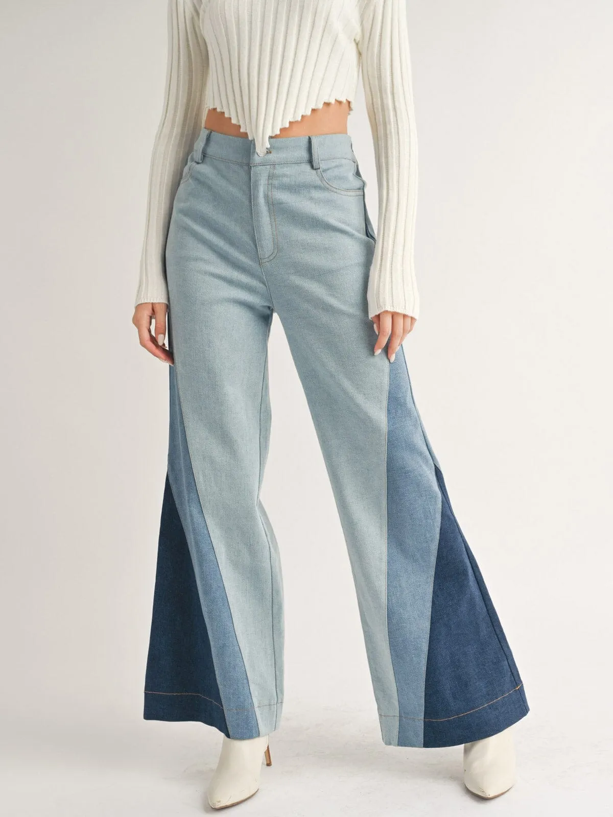 WOMEN'S BUTTON CLOSURE POCKETS PATCHED COLORBLOCK DENIM PANTS