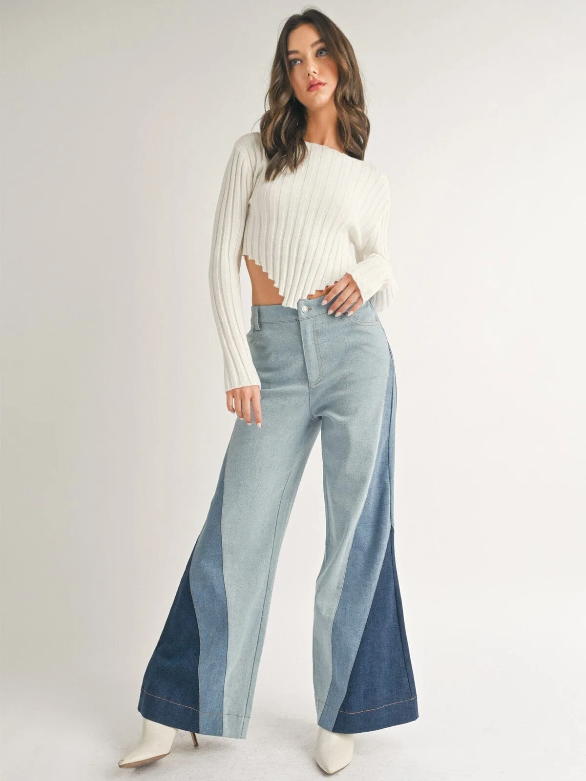 WOMEN'S BUTTON CLOSURE POCKETS PATCHED COLORBLOCK DENIM PANTS