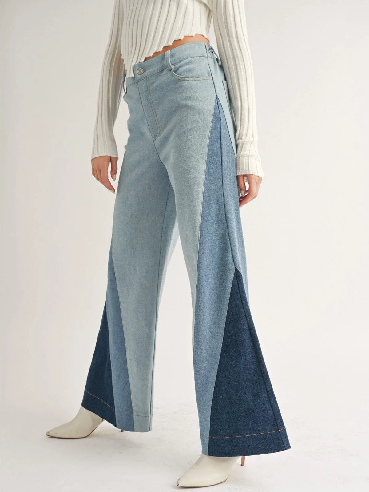 WOMEN'S BUTTON CLOSURE POCKETS PATCHED COLORBLOCK DENIM PANTS
