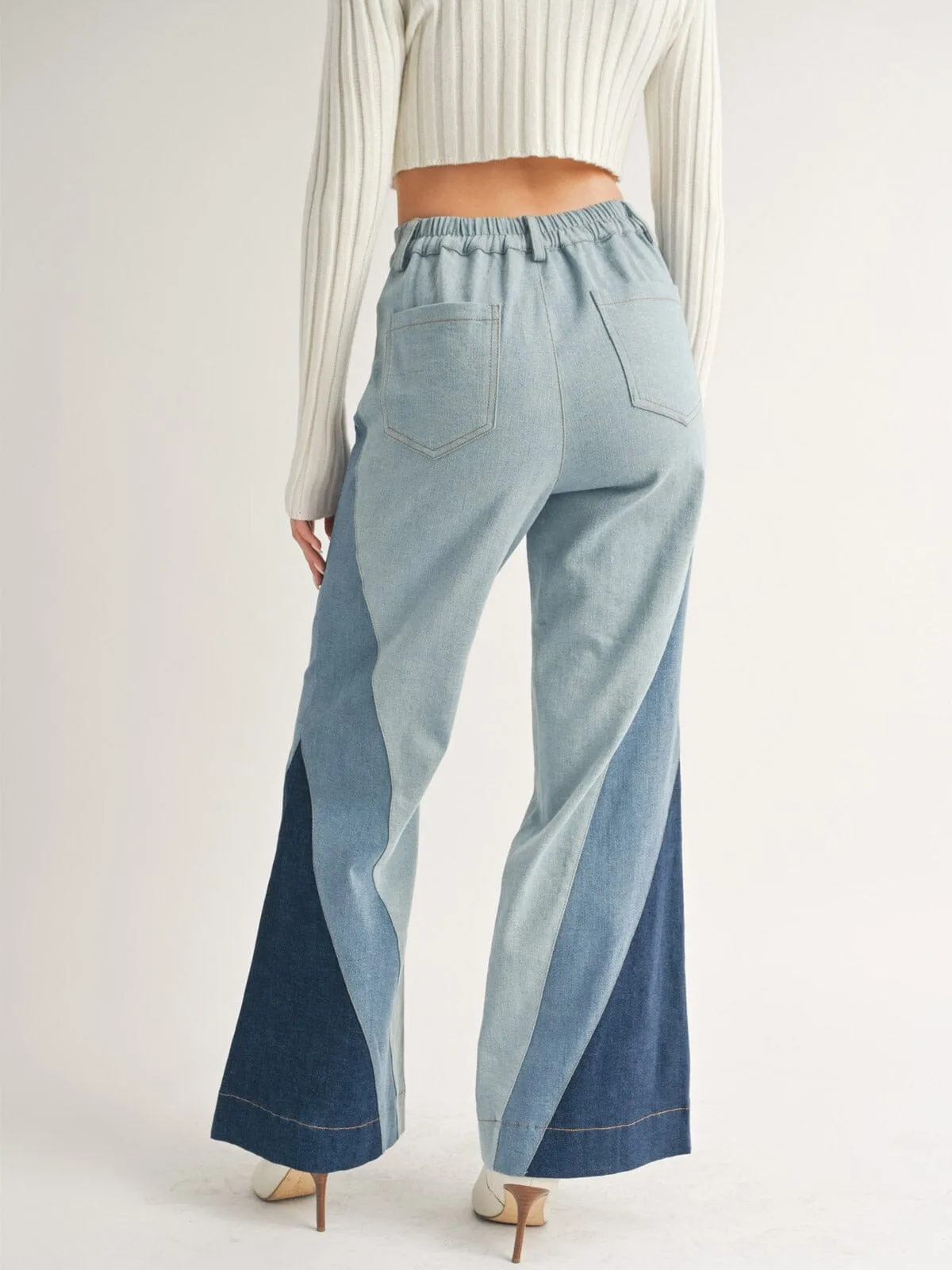 WOMEN'S BUTTON CLOSURE POCKETS PATCHED COLORBLOCK DENIM PANTS