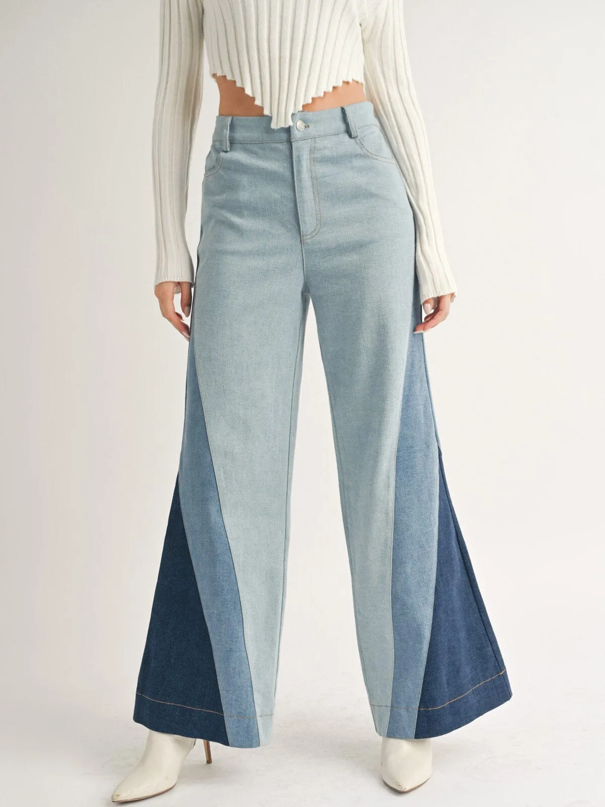 WOMEN'S BUTTON CLOSURE POCKETS PATCHED COLORBLOCK DENIM PANTS