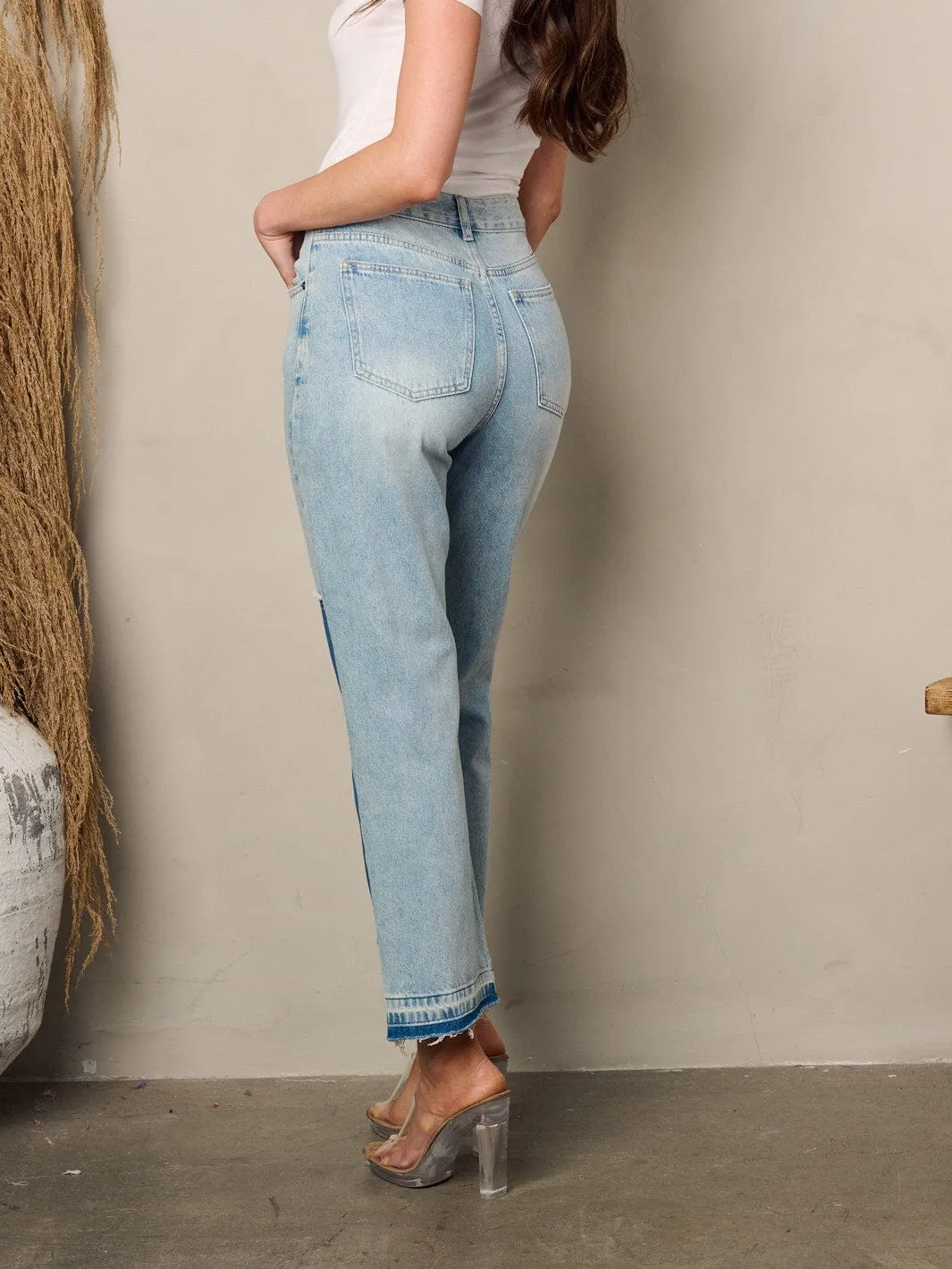 WOMEN'S BUTTON CLOSURE TWO TONE DENIM PANTS