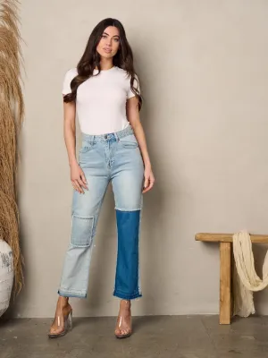 WOMEN'S BUTTON CLOSURE TWO TONE DENIM PANTS