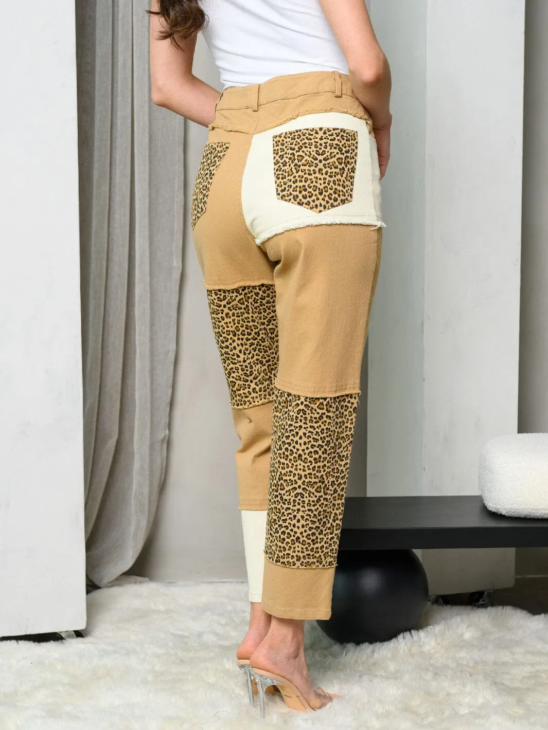 WOMEN'S COLORBLOCK ANIMAL PRINT DENIM PANTS