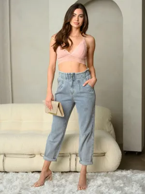 WOMEN'S PAPER BAG BUTTON & ZIP CLOSURE FRONT WITH POCKETS DENIM JEANS