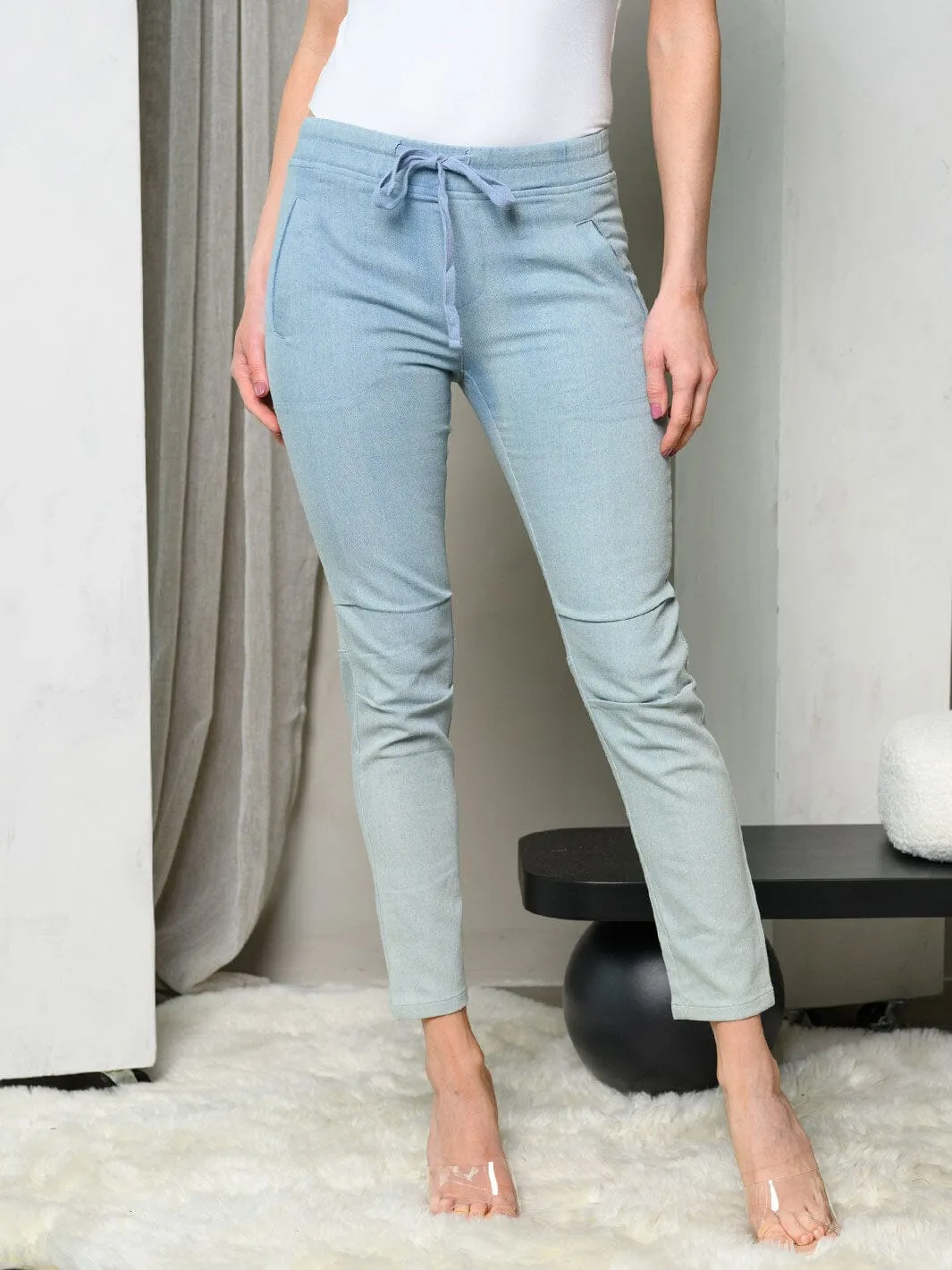 WOMEN'S POCKETS SELF TIE DENIM PANTS
