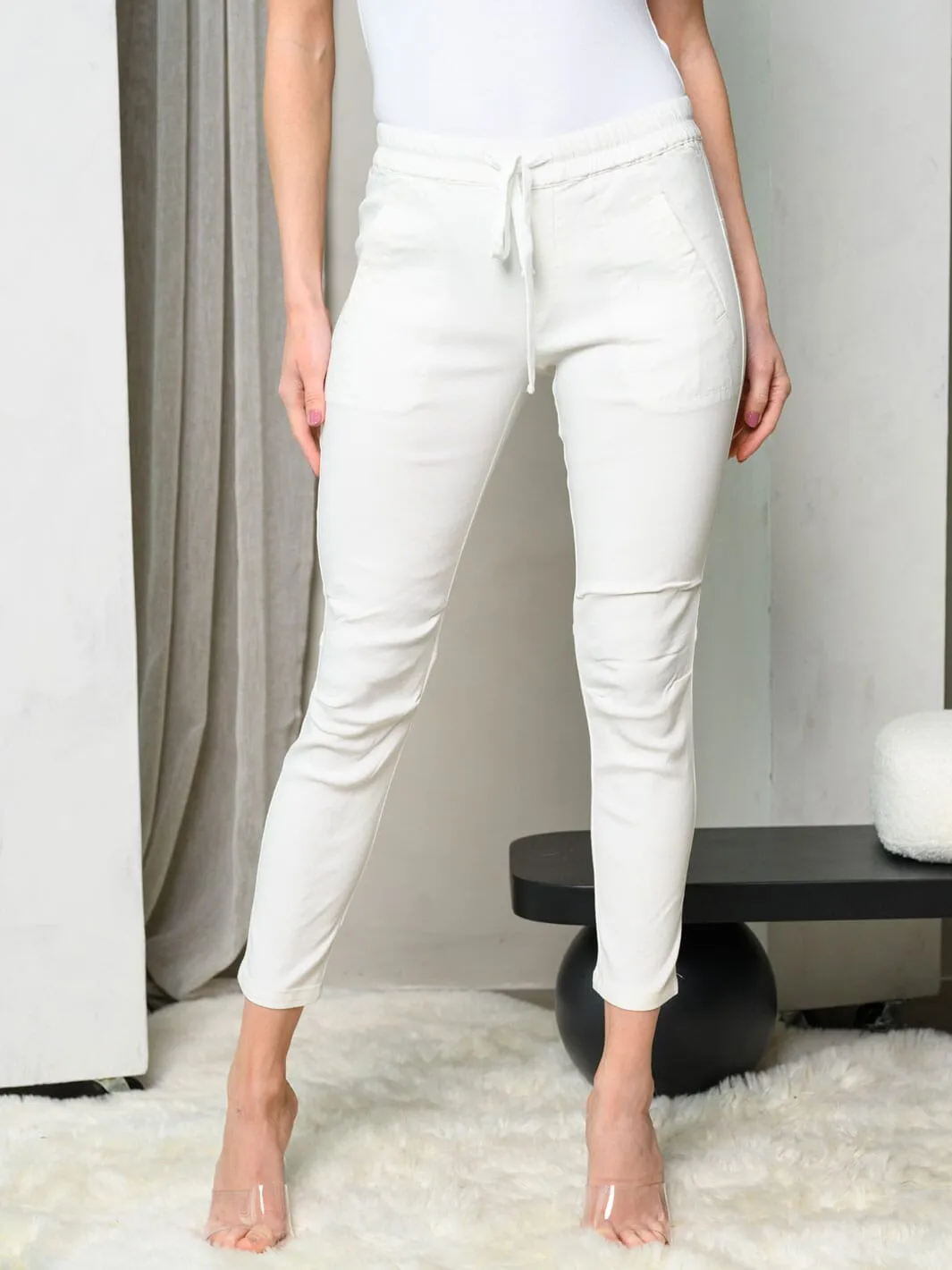 WOMEN'S POCKETS SELF TIE DENIM PANTS