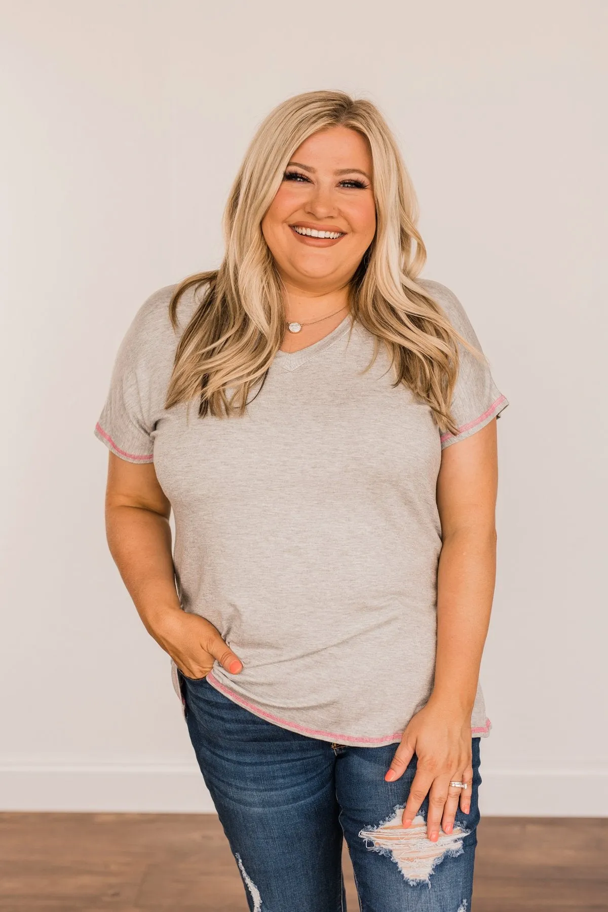You're My Reason V-Neck Top- Grey