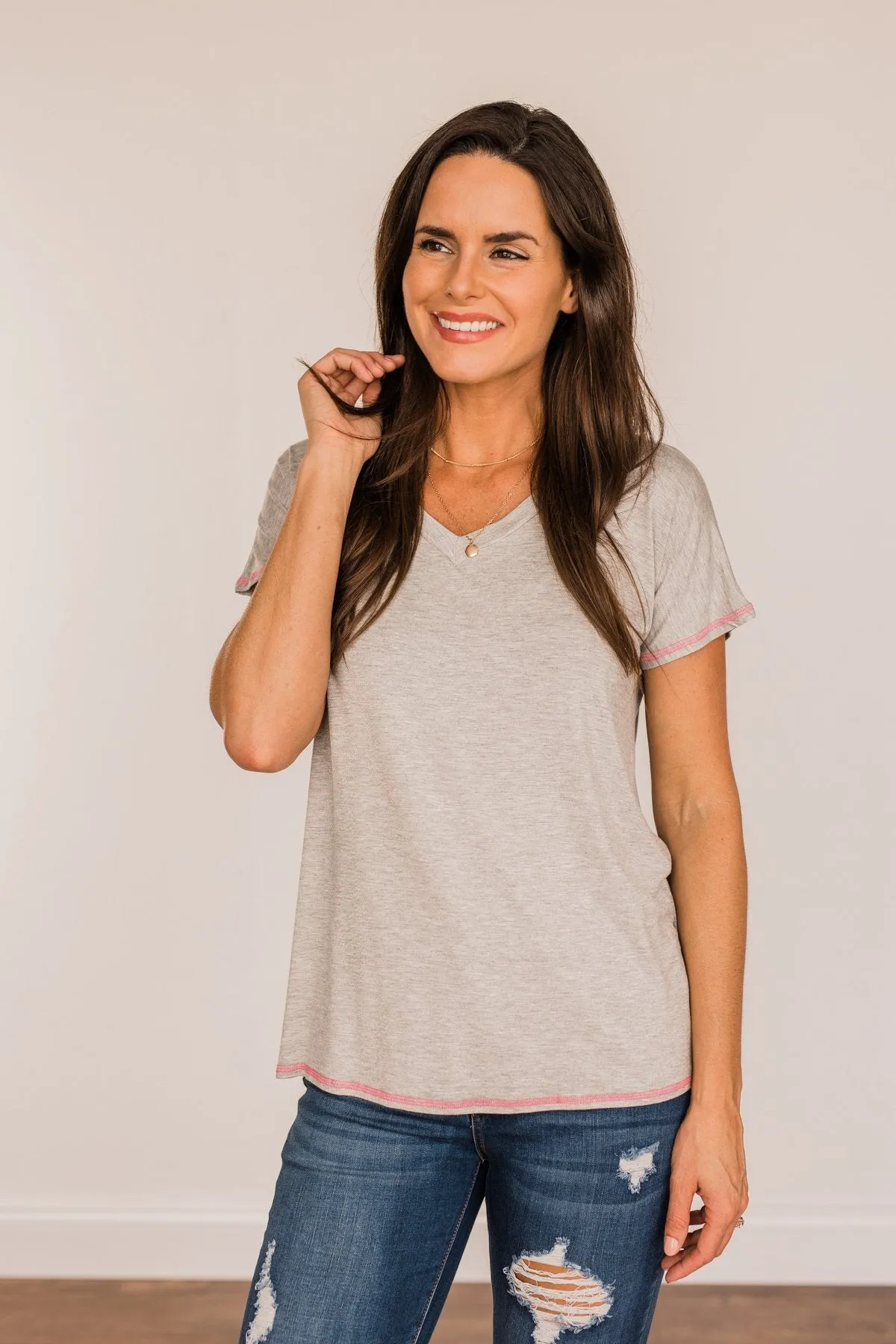 You're My Reason V-Neck Top- Grey